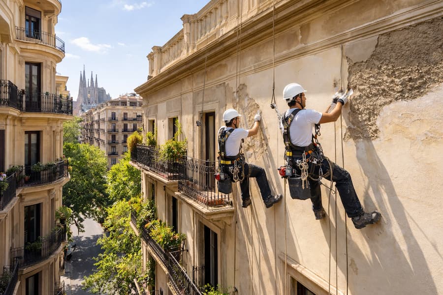 Rehabilitación de fachadas en Barcelona mediante trabajos verticales en edificio